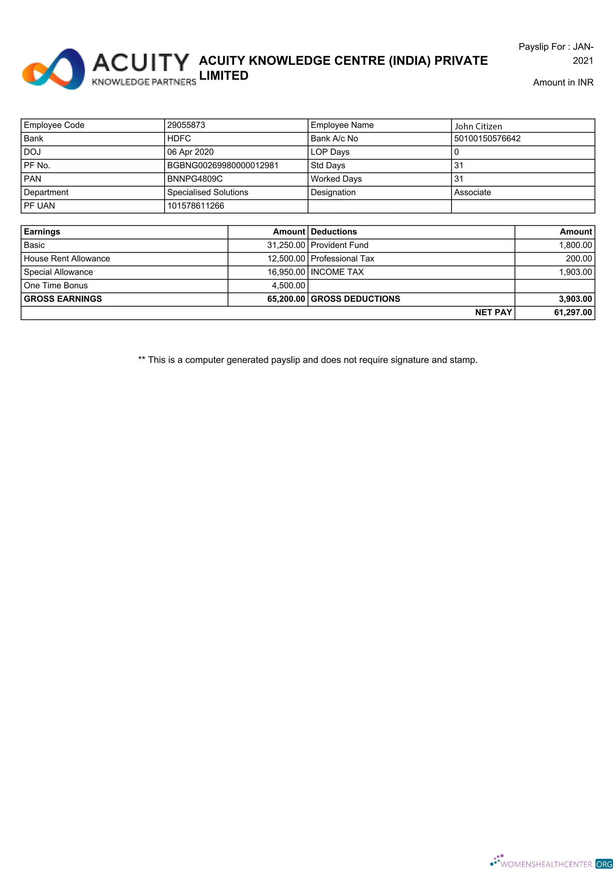 Download INDIA ACUITY Knowledge Centre Private Limited payslip in Word and PDF formats Photoshop template
